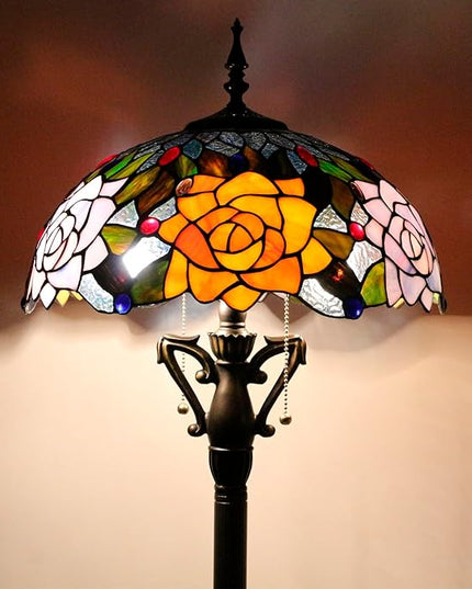 Tiffany Floor Lamp Stained Glass Standing Reading Light 16X16X66 Inch - Orange Red Rose - LeafyLoom