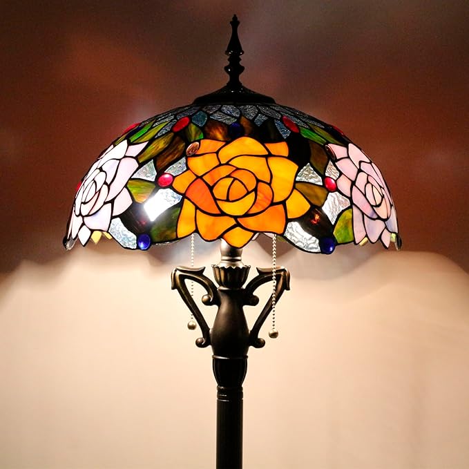 Tiffany Floor Lamp Stained Glass Standing Reading Light 16X16X66 Inch - Orange Red Rose - LeafyLoom