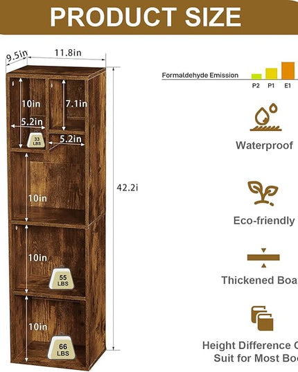 VECELO 4-Tier Bookcase, Modern Storage Cabinet with Height Difference Shelves for Standard Textbooks, 5 Cubes, Vertical or Horizontal, Easy Assembly, Rustic Brown - LeafyLoom