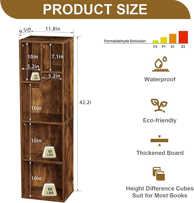 VECELO 4-Tier Bookcase, Modern Storage Cabinet with Height Difference Shelves for Standard Textbooks, 5 Cubes, Vertical or Horizontal, Easy Assembly, Rustic Brown - LeafyLoom