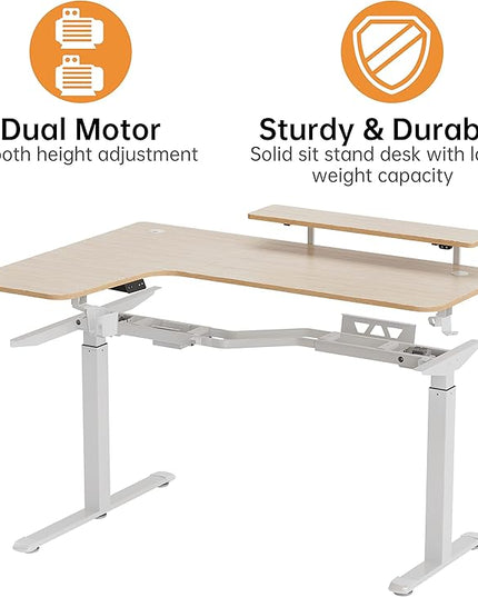 EUREKA ERGONOMIC Standing Desk Adjustable Height 61" Electric Sit Stand Computer Desk L Shaped with Keyboard Tray,Monitor Stand &LED, Dual Motor Memory Presets Sit to Desk Adjustable Desk, Left/Maple - LeafyLoom