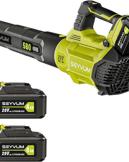 SEYVUM Leaf Blower - 580CFM 20V Leaf Blower Cordless with 2 X 4.0Ah Battery & Charger, 3-Speed Dial Electric Blower Handheld, Lightweight Powerful Battery Operated for Lawn Care, Jobsite - LeafyLoom