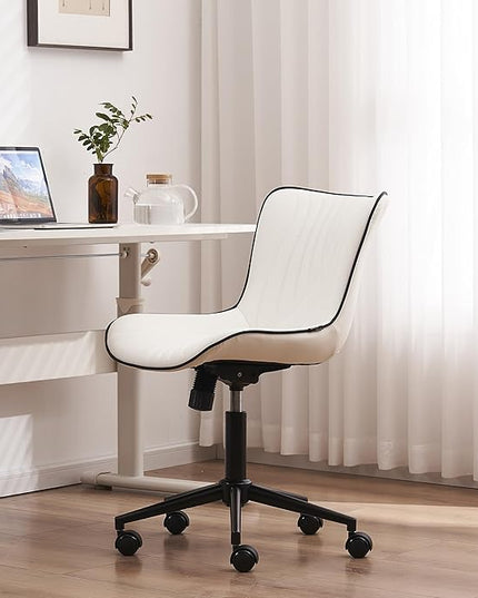 YOUTASTE Office Chair Modern Armless Desk Chair, Height Adjustable Swivel Rocking Computer Task Chair, Faux Leather Sewing Chairs with Wheels, Stylish Lounge Vanity Chair,White - LeafyLoom