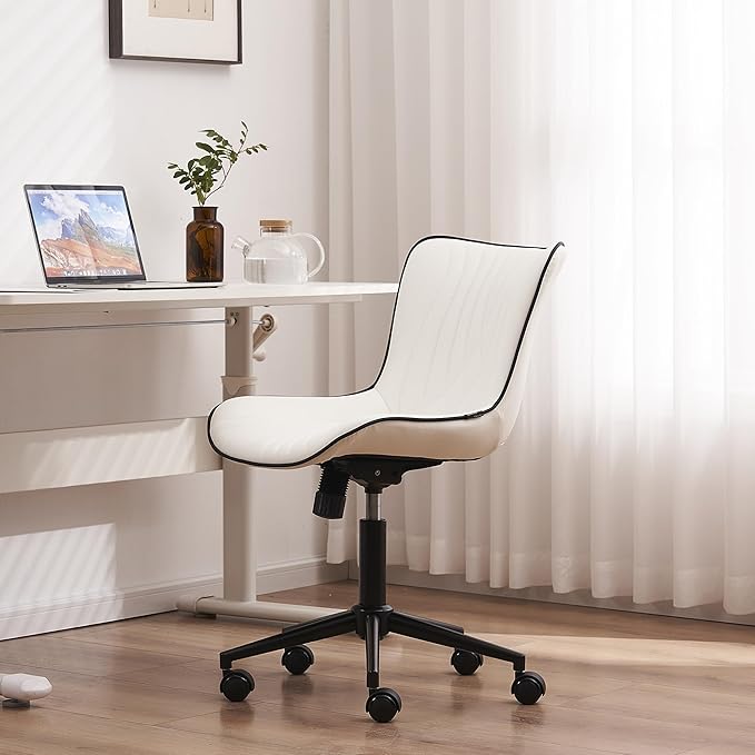 YOUTASTE Office Chair Modern Armless Desk Chair, Height Adjustable Swivel Rocking Computer Task Chair, Faux Leather Sewing Chairs with Wheels, Stylish Lounge Vanity Chair,White - LeafyLoom