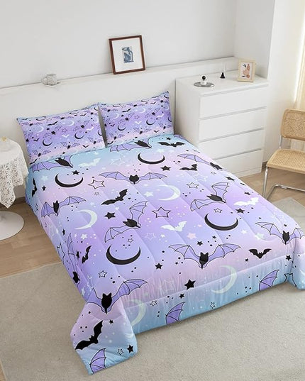 Feelyou Halloween Comforter Rainbow Comforter Set for Boys Girls Children Bat Moon Star Print Bedding Set Halloween Theme Purple Gradient Style Room Decor Full Size Duvet Set 3Pcs - LeafyLoom