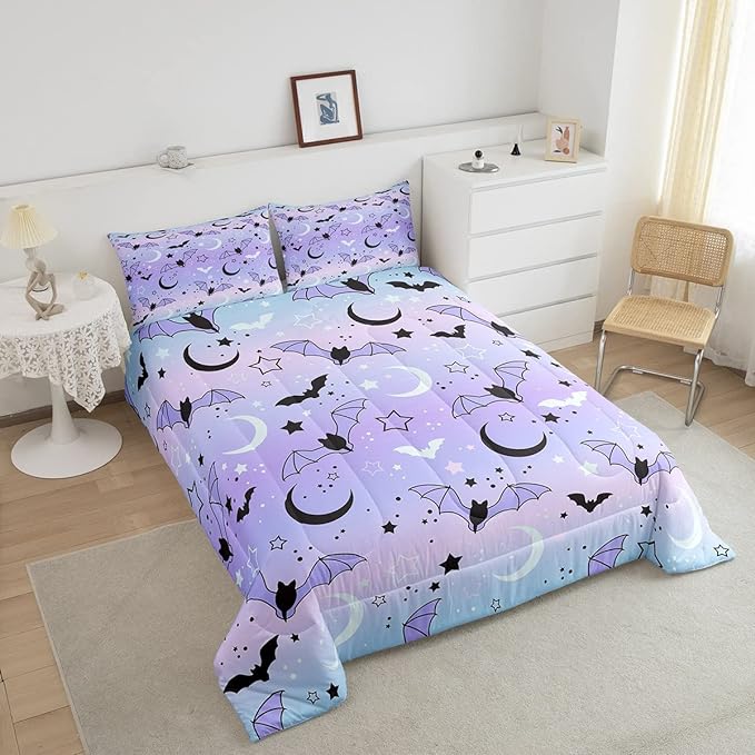 Feelyou Halloween Comforter Rainbow Comforter Set for Boys Girls Children Bat Moon Star Print Bedding Set Halloween Theme Purple Gradient Style Room Decor Full Size Duvet Set 3Pcs - LeafyLoom