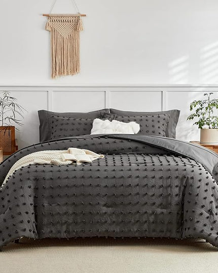 7 Pieces Tufted Dots Bed in a Bag Queen Comforter Set with Sheets Grey , Soft and Embroidery Shabby Chic Boho Comforters, Solid Color with Pom Pom Design, Jacquard Tufts Bedding Set for All Season - LeafyLoom