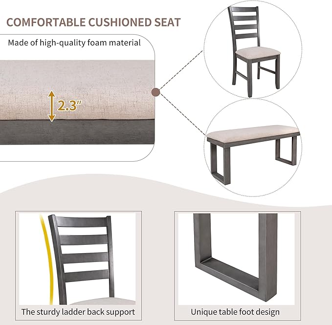 6-Piece Solid Wood Dinette Sets includes Kitchen Dining Table, 4 Upholstered Chairs & Bench, for Diningroom Living Room, Easy to Assemble, Gray 3 - LeafyLoom