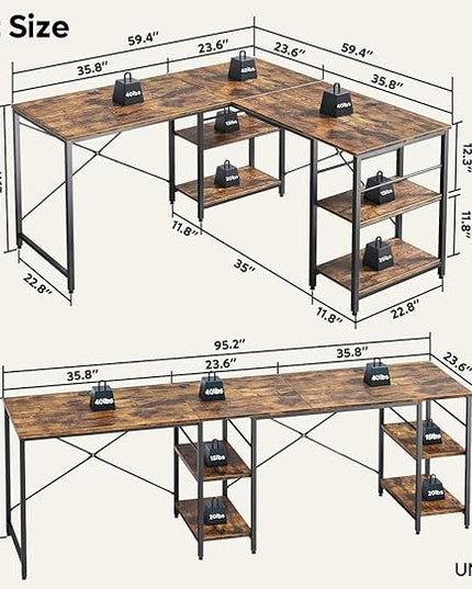Bestier L Shaped Desk, 95.2 Inch Reversible Corner Computer Desk with Shelves, 2 Person Long Table for Home Office, Large Writing Storage Workstation with 3 Cable Holes, Rustic Brown - LeafyLoom