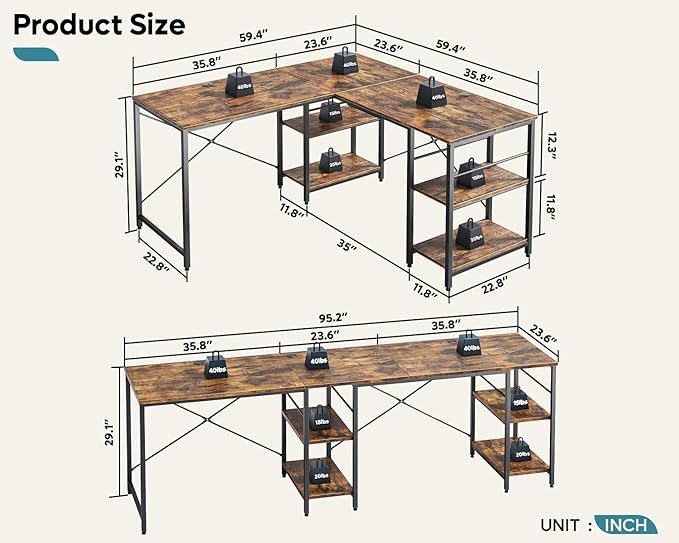 Bestier L Shaped Desk, 95.2 Inch Reversible Corner Computer Desk with Shelves, 2 Person Long Table for Home Office, Large Writing Storage Workstation with 3 Cable Holes, Rustic Brown - LeafyLoom