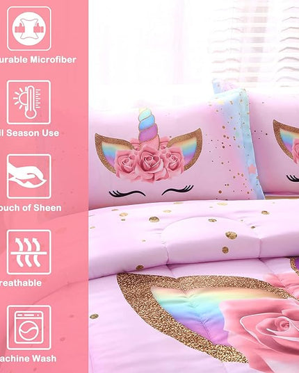Unicorn Comforter Set Rainbow Soft Girls Unicorn Bedding with 1 Comforter 2 Pillowcases Pink Flower Unicorn Bedding Sets for Girls Twin Size - LeafyLoom