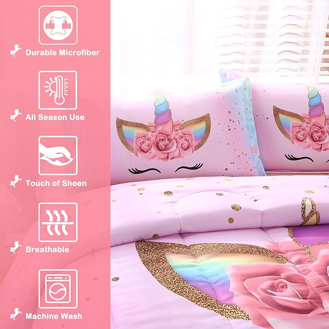 Unicorn Comforter Set Rainbow Soft Girls Unicorn Bedding with 1 Comforter 2 Pillowcases Pink Flower Unicorn Bedding Sets for Girls Twin Size - LeafyLoom