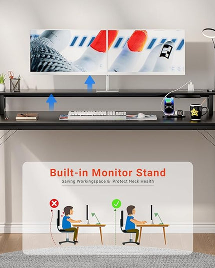 47 inch Computer Desk with Power Outlets, Gaming Desk with LED Lights, Home Office Work Desk with Monitor Shelf, Modern Office Desk Study Writing Table for Small Spaces, Black - LeafyLoom