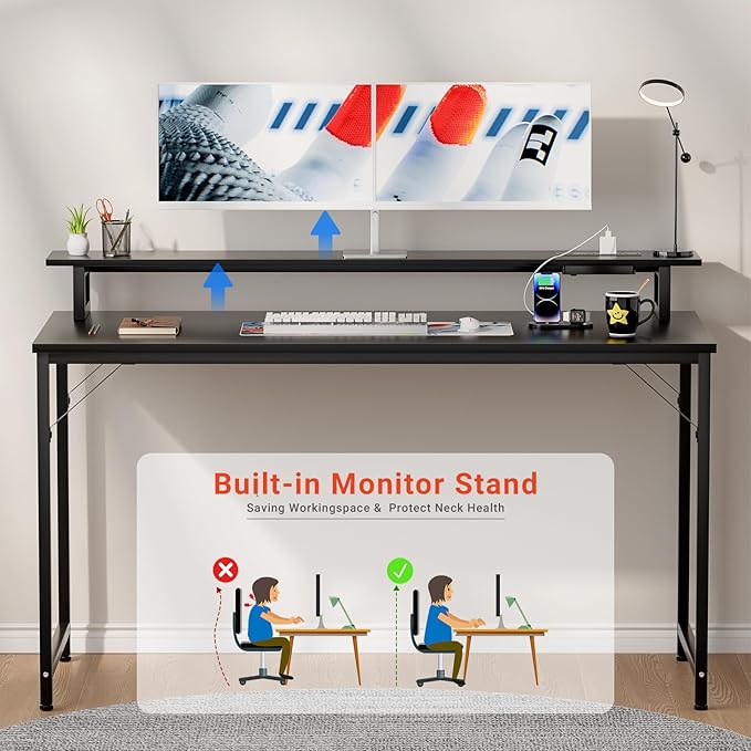 47 inch Computer Desk with Power Outlets, Gaming Desk with LED Lights, Home Office Work Desk with Monitor Shelf, Modern Office Desk Study Writing Table for Small Spaces, Black - LeafyLoom