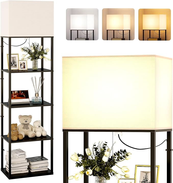 addlon Floor lamp with Shelves Super Large Size (19''W), 5-Tier Modern Floor lamp with 3 Color Temperatures LED Bulb, Display Shelf lamp for Living Room, Bedroom and Office - Black - LeafyLoom