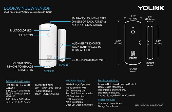 YoLinK LoRa Smart Door Sensor Starter Kit: 1/4 Mile Open-Air Range, Door Left-Open Reminders, Text/SMS, Email, App alerts, 5 Years Battery Life, Alexa, IFTTT, Home Assistant YoLink