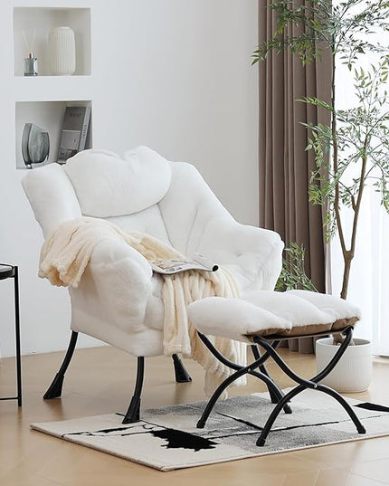 Lazy Chair with Ottoman, Modern Chair with Folding Footrest, Lounge Accent Chair, Comfortable Reading Chair (Plush White) - LeafyLoom
