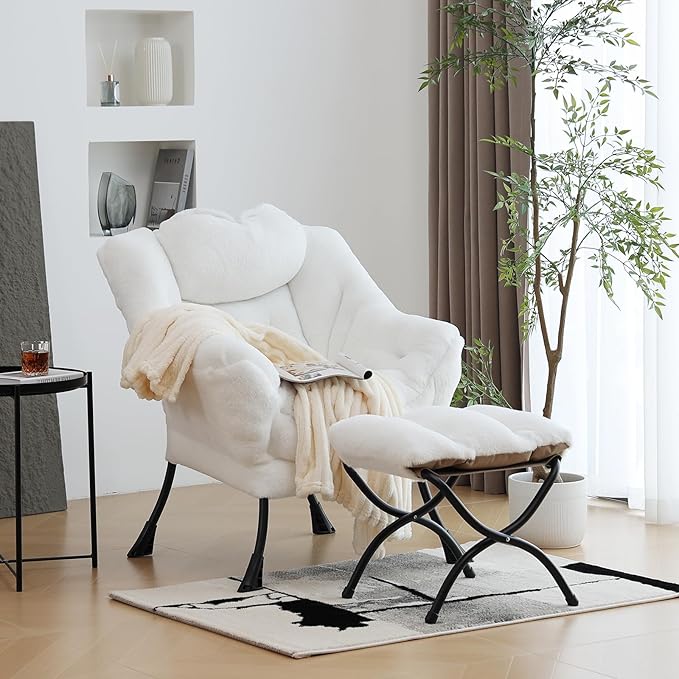 Lazy Chair with Ottoman, Modern Chair with Folding Footrest, Lounge Accent Chair, Comfortable Reading Chair (Plush White) - LeafyLoom