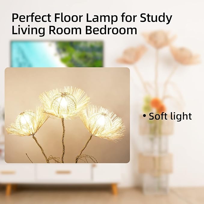 Modern Decorative Rattan Floor Lamp: Pastoral Hand-Woven Flower Night Light - Creative Standing Smart Corner Lamp for Reading Living Room Bedroom Tea Room Club Office Sofa Side - LeafyLoom