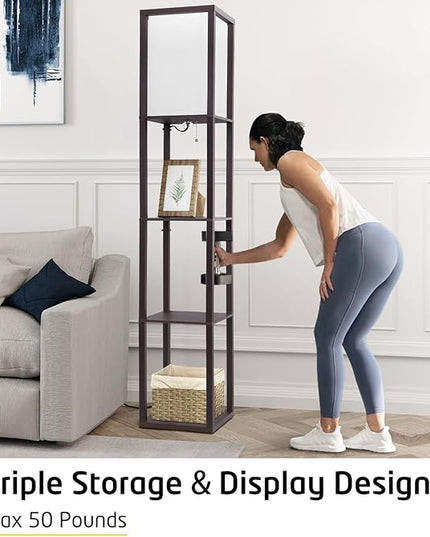 Floor Lamp with Shelves, Shelf Floor Lamp for Bedroom, Modern Standing Shelf Floor Lamp for Living Room Office with 3 CCT LED Bulb - Walnut. - LeafyLoom