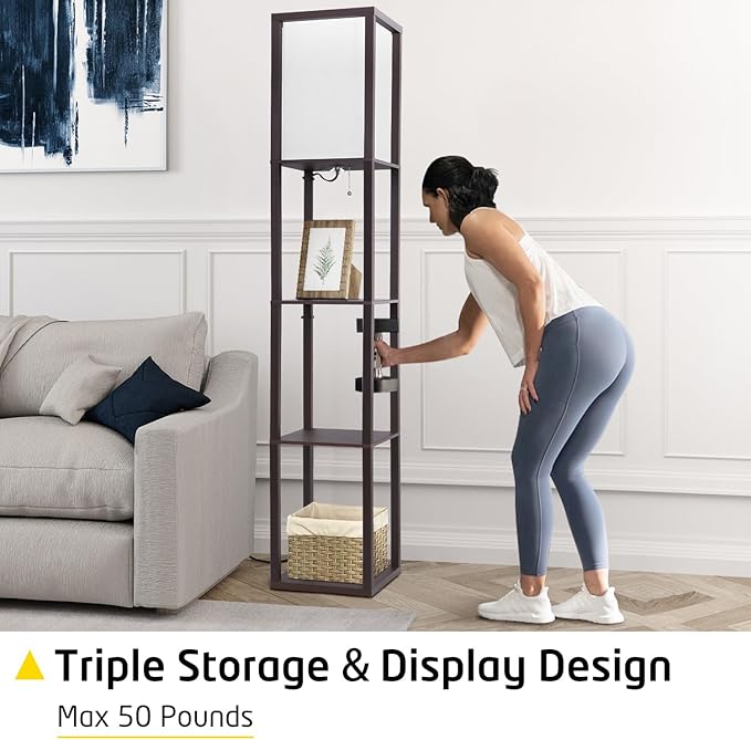 Floor Lamp with Shelves, Shelf Floor Lamp for Bedroom, Modern Standing Shelf Floor Lamp for Living Room Office with 3 CCT LED Bulb - Walnut. - LeafyLoom