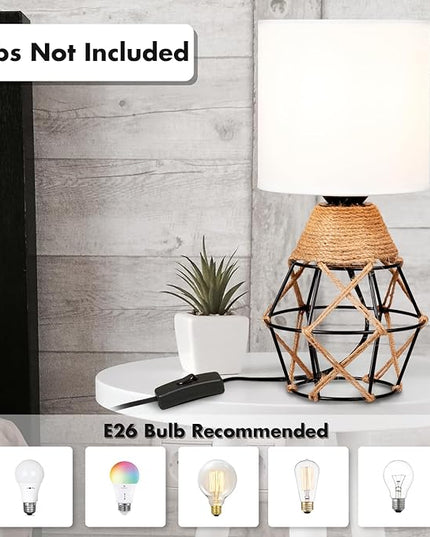 Hamilyeah Table Lamps Set of 2, Woven Lamps for Nightstand with On/Off Switch, Farmhouse Bedside Lamps with White Fabric Shade, Modern Simple Lamps for Bedroom, Living Room - LeafyLoom