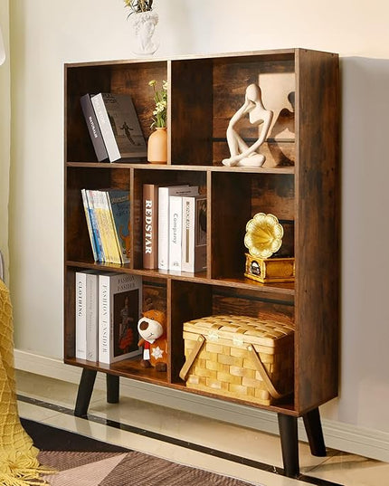 LEYAOYAO Cube Bookshelf 3 Tier Mid-Century Rustic Brown Modern Bookcase with Legs,Retro Wood Bookshelves Storage Organizer Shelf,Freestanding Open Book Shelves for Bedroom,Living Room,Office - LeafyLoom