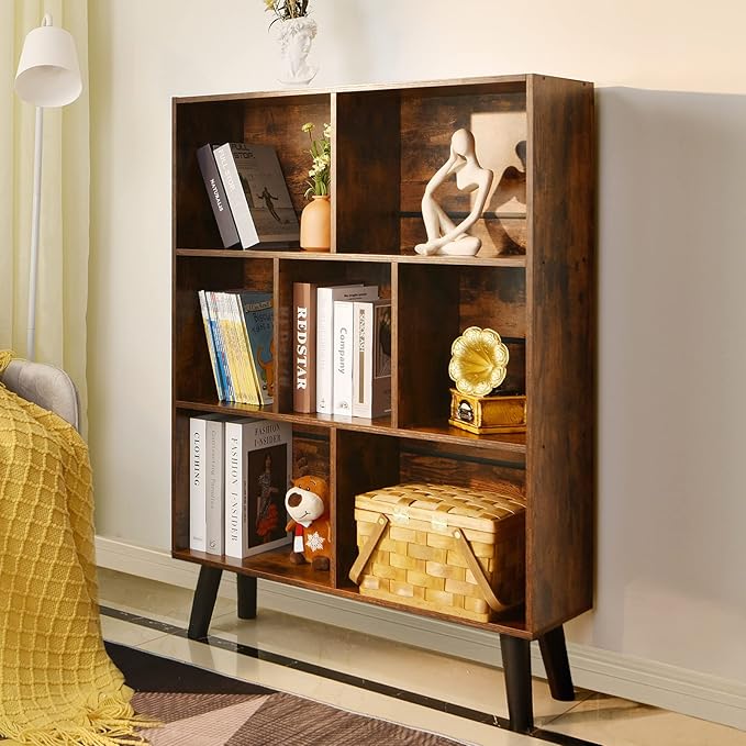 LEYAOYAO Cube Bookshelf 3 Tier Mid-Century Rustic Brown Modern Bookcase with Legs,Retro Wood Bookshelves Storage Organizer Shelf,Freestanding Open Book Shelves for Bedroom,Living Room,Office - LeafyLoom