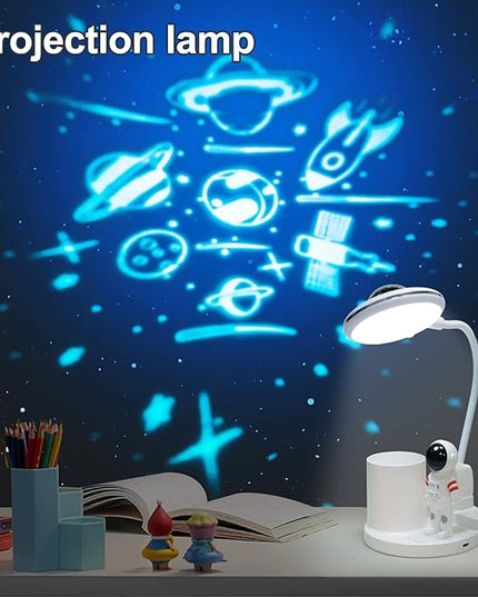 LED Desk Lamp for Kids, Astronaut cute Small Desk Lamp with USB Charging Port, Pen Holder, projection night lights for kids, White desk Lamp, Eye-Caring Study Table Lamp for boys Bedroom - LeafyLoom