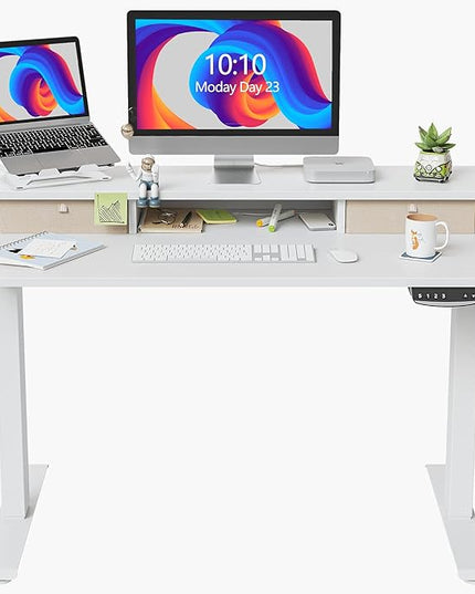 FEZIBO 40 x 24 Inch Height Adjustable Electric Standing Desk with Double Drawer, Stand Up Desk with Storage Shelf, Sit Stand Desk, White - LeafyLoom