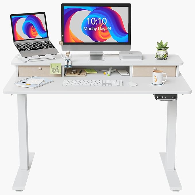 FEZIBO 40 x 24 Inch Height Adjustable Electric Standing Desk with Double Drawer, Stand Up Desk with Storage Shelf, Sit Stand Desk, White - LeafyLoom