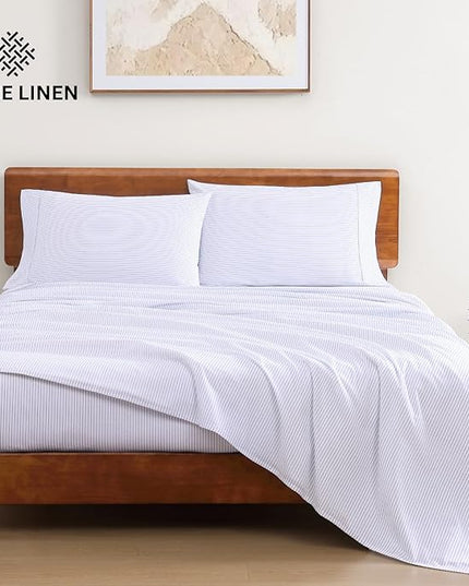 LANE LINEN 100% Organic Cotton Sheet Sets Queen Size, 4Pc Queen Size Cotton Sheets, Hotel Style Sheets, Bedding Sheets & Pillowcases, Queen Sheet Sets Deep Pockets Fits upto 15" - Blue Ticking Stripe - LeafyLoom