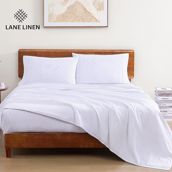 LANE LINEN 100% Organic Cotton Sheet Sets Queen Size, 4Pc Queen Size Cotton Sheets, Hotel Style Sheets, Bedding Sheets & Pillowcases, Queen Sheet Sets Deep Pockets Fits upto 15" - Blue Ticking Stripe - LeafyLoom