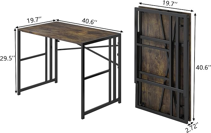 Folding Small Computer Desk, Foldable Space-Saving Home Office Table, Simple Study Writing Gaming Workstation for Small Space, No Assembly Needed, Rustic Brown - LeafyLoom