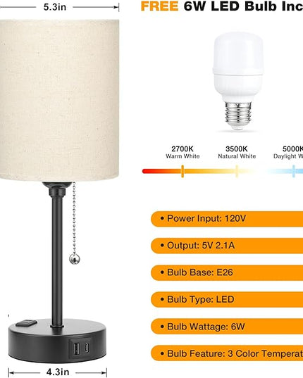 Beige Small Lamps 3 Levels Brightness - 2700K 3500K 5000K Bedside Lamps with USB C and A Ports, Pull Chain Table Lamps with AC Outlet, Nightstand Lamps with Black Metal Base for Bedroom Kids Reading - LeafyLoom