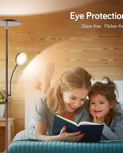 Dimunt LED Floor Lamp, Modern Floor Lamps for Living Room Bright Lighting, 27W/2000LM Dimmable Standing Lamp with Reading Light, Remote & Touch Control, Tall Lamp for Bedroom Office- Brown - LeafyLoom