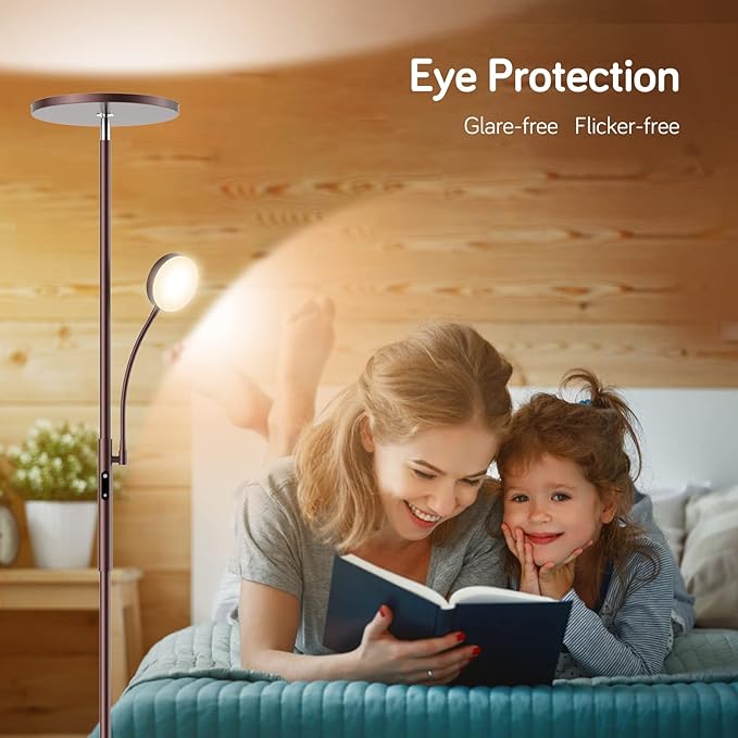 Dimunt LED Floor Lamp, Modern Floor Lamps for Living Room Bright Lighting, 27W/2000LM Dimmable Standing Lamp with Reading Light, Remote & Touch Control, Tall Lamp for Bedroom Office- Brown - LeafyLoom
