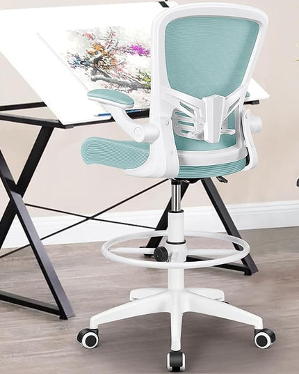 MINLOVE Drafting Office Chair, Ergonomic Tall Office Chair with Flip-up Armrests Executive Ergonomic Computer Standing Desk Chair with Lumbar Support and Adjustable Footrest(Light Blue) - LeafyLoom