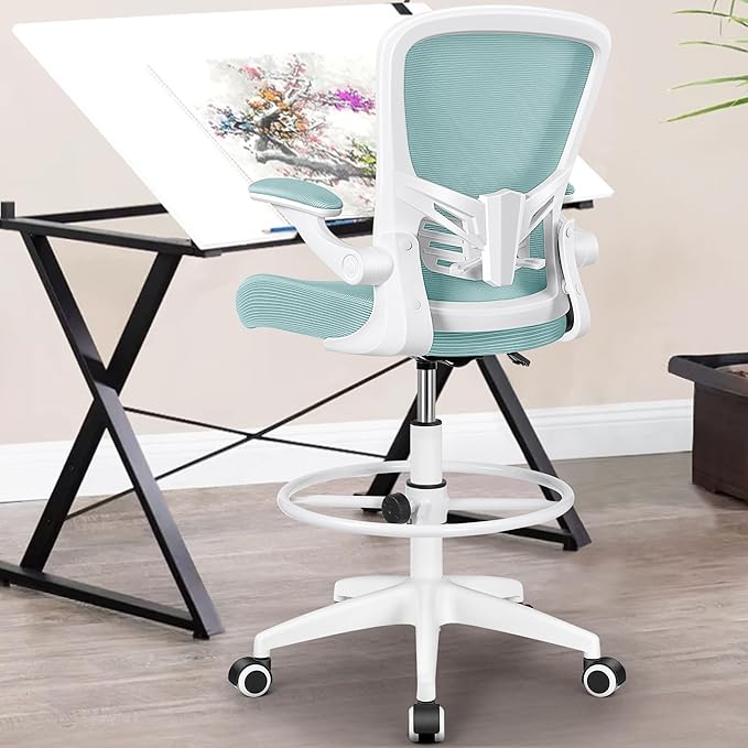MINLOVE Drafting Office Chair, Ergonomic Tall Office Chair with Flip-up Armrests Executive Ergonomic Computer Standing Desk Chair with Lumbar Support and Adjustable Footrest(Light Blue) - LeafyLoom