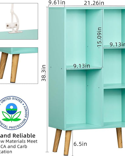 LEYAOYAO 5 Cube Bookshelf 3-Tier Bookcase with Legs,Mint Green Kids Book Shelf Cute Storage Organizer,Free Standing Open Toy Shelves Wood Bookshelves,Display Bookcases for Bedroom,Living Room,Nursery - LeafyLoom
