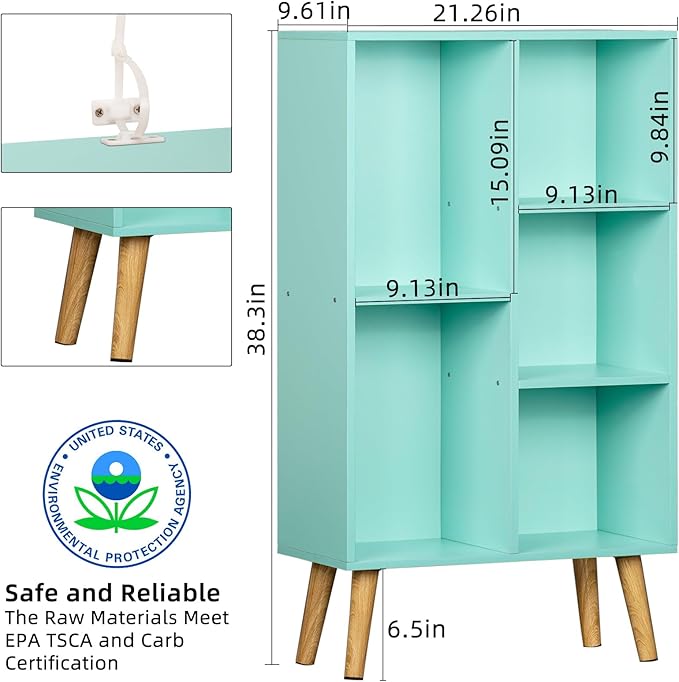 LEYAOYAO 5 Cube Bookshelf 3-Tier Bookcase with Legs,Mint Green Kids Book Shelf Cute Storage Organizer,Free Standing Open Toy Shelves Wood Bookshelves,Display Bookcases for Bedroom,Living Room,Nursery - LeafyLoom