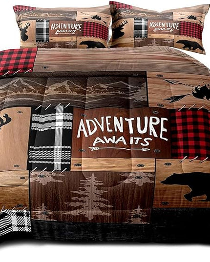 LUVIVIHOME 3PCS Rustic Cabin Comforter Set Queen Size, Farmhouse Bedding, Black Bear Deer Elk Moose Forest Animal Wildlife Hunting Country Brown Patchwork White Red Plaid Lodge Quilt, 2 Pillow Shams - LeafyLoom