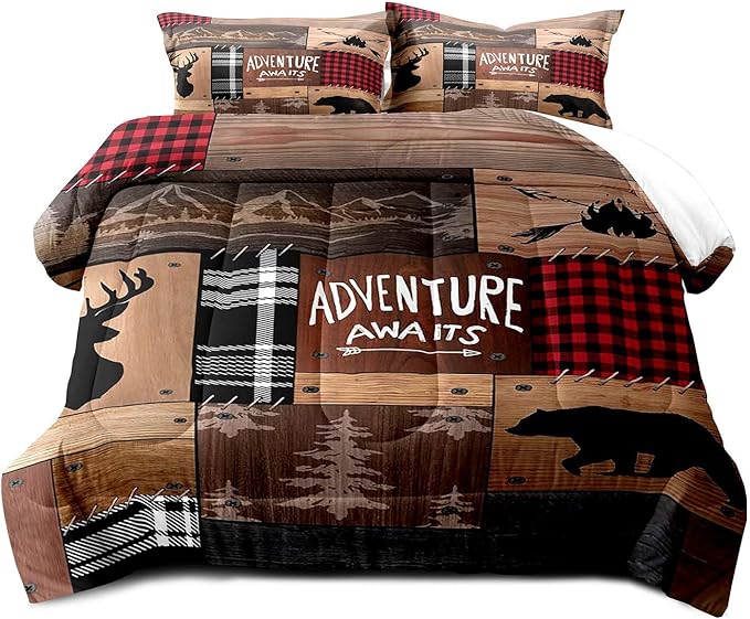LUVIVIHOME 3PCS Rustic Cabin Comforter Set Queen Size, Farmhouse Bedding, Black Bear Deer Elk Moose Forest Animal Wildlife Hunting Country Brown Patchwork White Red Plaid Lodge Quilt, 2 Pillow Shams - LeafyLoom