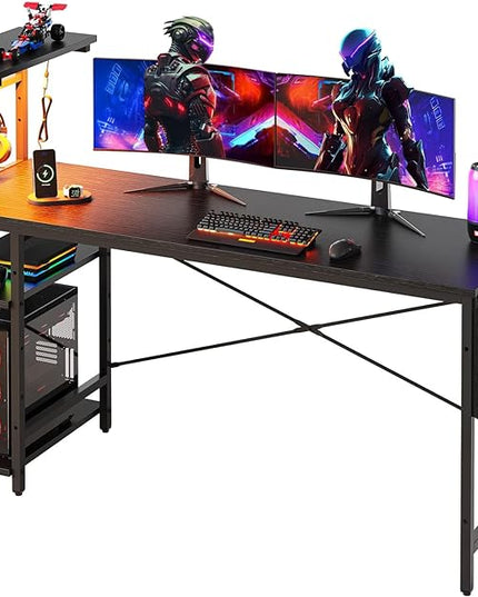 Bestier Gaming Desk with Shelves, 61 Inch Large PC Gaming Table with LED Lights, Led Gamer Desk with 4 Tiers Reversible Storage Shelves for Game & Bedroom Room (Black Grained) - LeafyLoom