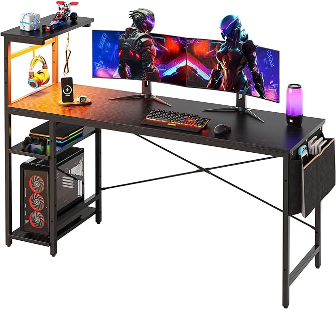 Bestier Gaming Desk with Shelves, 61 Inch Large PC Gaming Table with LED Lights, Led Gamer Desk with 4 Tiers Reversible Storage Shelves for Game & Bedroom Room (Black Grained) - LeafyLoom