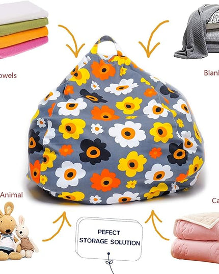 YuppieLife Kids Storage Bean Bag Cover（No Filling）Toy Organizer|Carrying Handle Sofa|Available for Kids and Teenager|Cuddle Chair|Machine Washable and Durable（38“,Grey Flora） - LeafyLoom