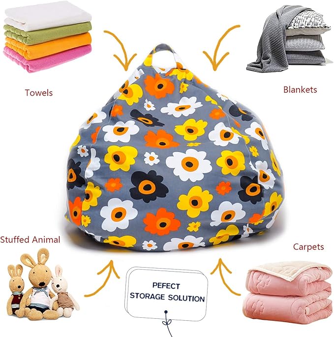 YuppieLife Kids Storage Bean Bag Cover（No Filling）Toy Organizer|Carrying Handle Sofa|Available for Kids and Teenager|Cuddle Chair|Machine Washable and Durable（38“,Grey Flora） - LeafyLoom