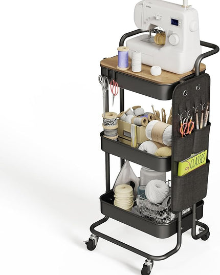 DTK 3 Tier Metal Utility Rolling Cart with Table Top and Side Bags, Tray Storage Organizer Wheels, Art Craft 4 Hooks for Kitchen Bathroom Office Living Room (Black) - LeafyLoom