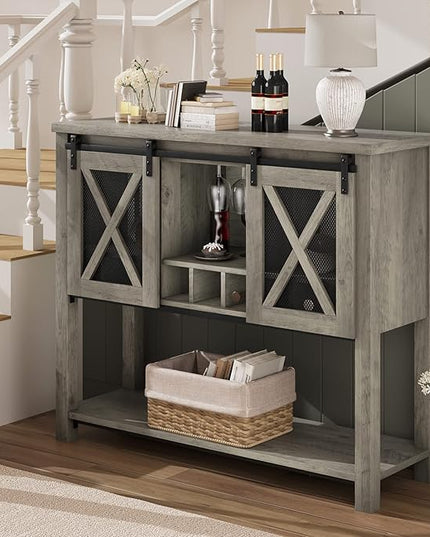 IDEALHOUSE Buffet Storage Cabinet Farmhouse Wine Cabinet Coffee Bar Table with Wine Glass Rack and Storage, Wood Buffets and Sideboards with Barn Mesh Door for Kitchen, Dining, Living Room - LeafyLoom