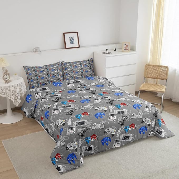 Erosebridal Gaming Comforter Set for Boys Video Games Gamer Bedding King Size Teens Kids Games Room Decor Reversible Quilt for All Season Home Decoration Cool Gamepad Print Down Comforter, Grey White - LeafyLoom